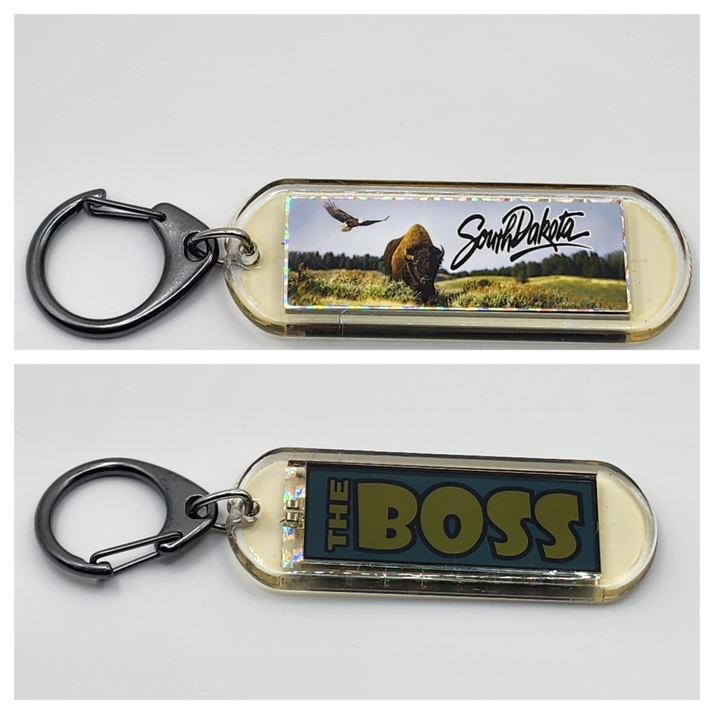 Vintage South Dakota Bison Eagle "The Boss" Acrylic Souvenir Keyring Keychain